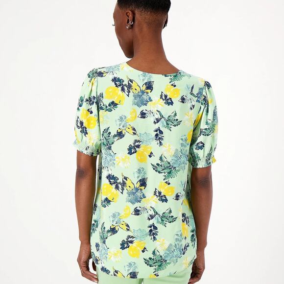 Denim & Co. Printed Blouse with Smocked Sleeve Cuff - Size XL, Green/Yellow/Blue - Picture 5 of 8